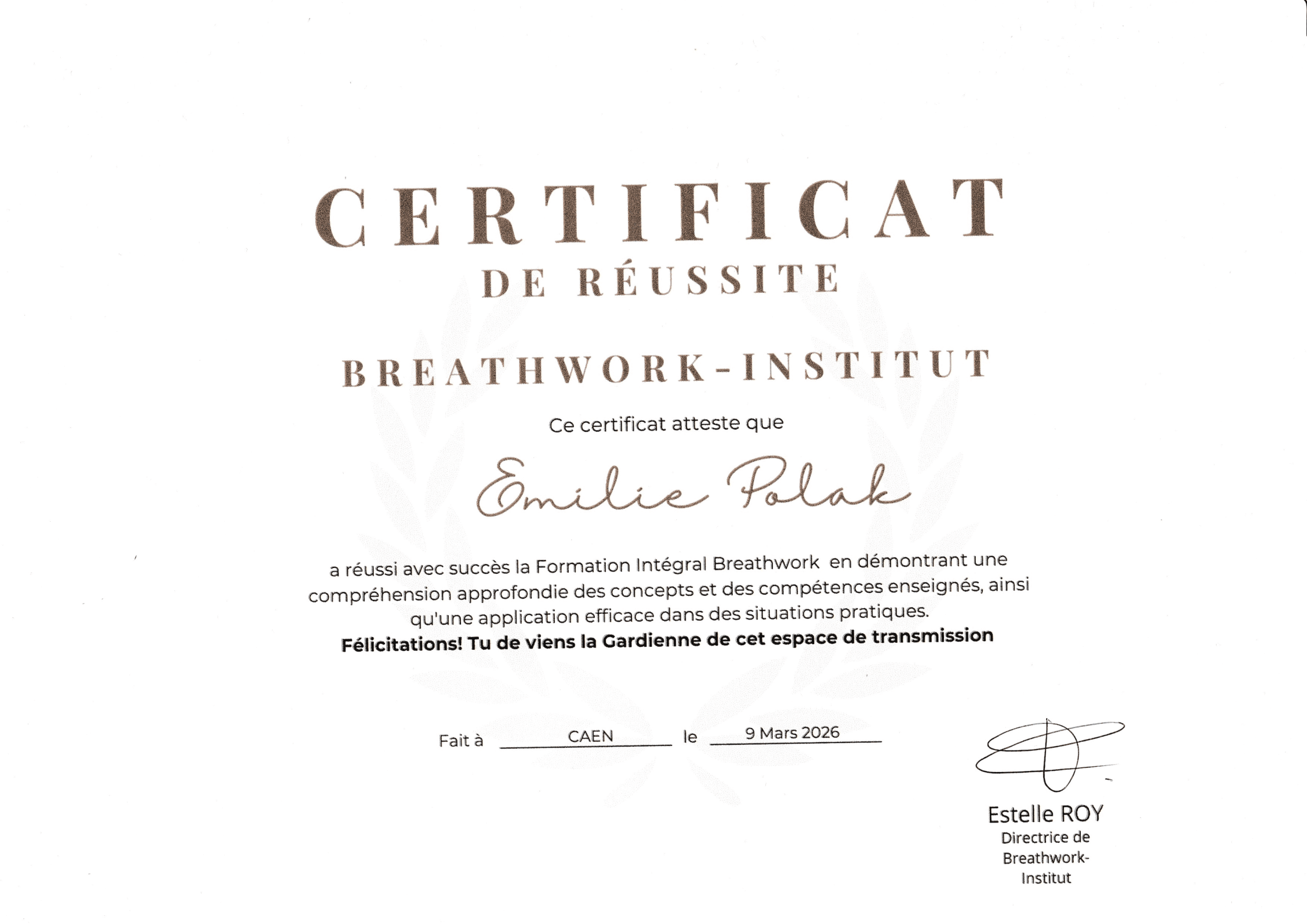Certificat Breathwork facilitatrice
